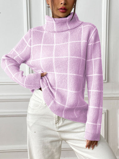 Explore More Collection - Plaid Turtleneck Long Sleeve Sweater