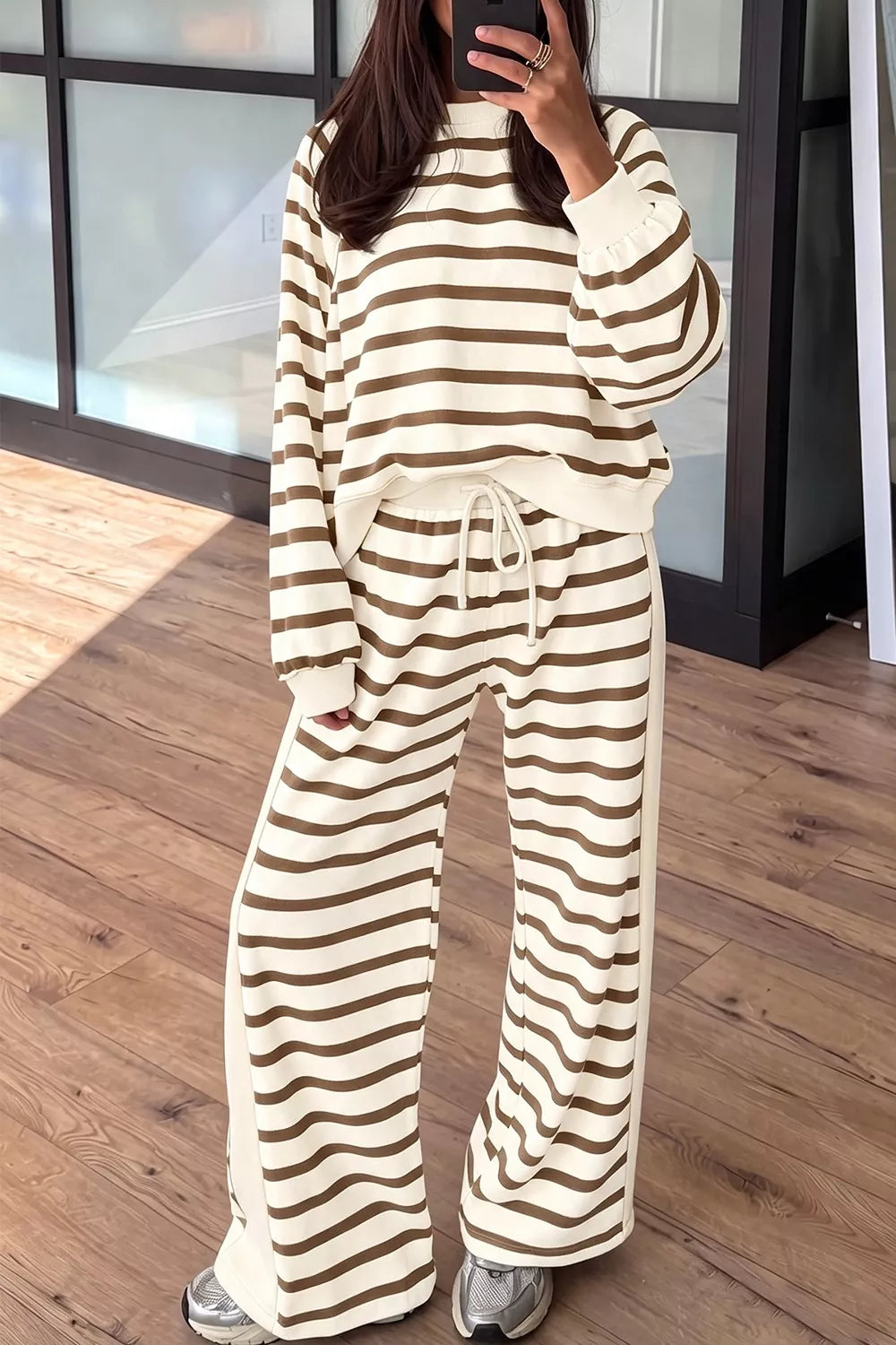 Stripe Relaxed Long Sleeve Top Color Block Detail Drawstring Pant Set
