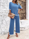 Explore More Collection - Contrast Trim Round Neck Top and Pants Set