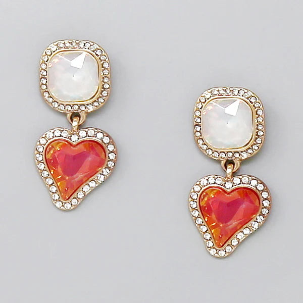 Glass Stone Heart Earrings