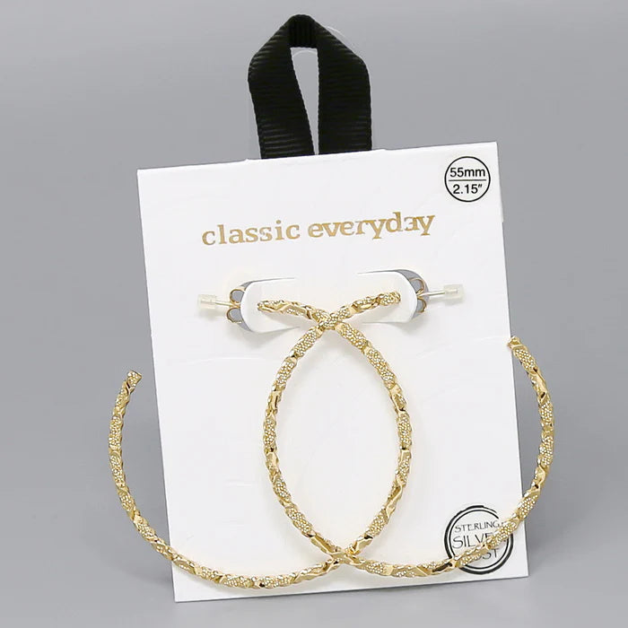 55 MM Textured Metal Hoop Earrings - Gold