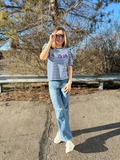 Dolly - America Graphic Puff Sleeve Striped Shirt