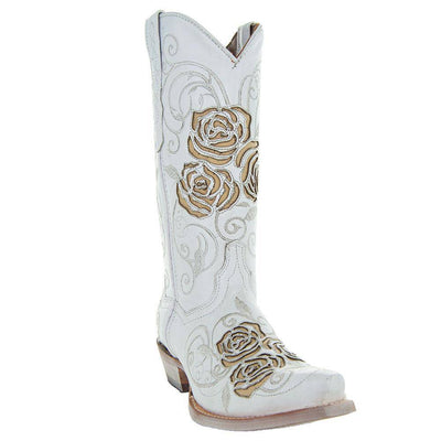 Explore More Collection - White Rose Inlayed Women's Cowgirl Boots