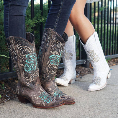 Explore More Collection - White Rose Inlayed Women's Cowgirl Boots