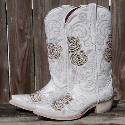 Explore More Collection - White Rose Inlayed Women's Cowgirl Boots