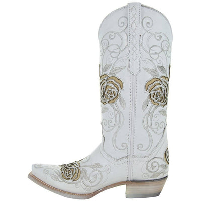 Explore More Collection - White Rose Inlayed Women's Cowgirl Boots