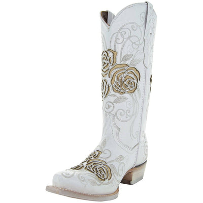 Explore More Collection - White Rose Inlayed Women's Cowgirl Boots