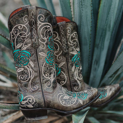 Explore More Collection - Turquoise Rose Inlayed Women's Cowgirl Boots