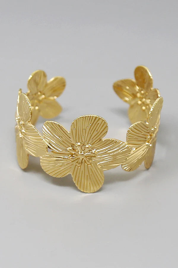 Textured Flower Metal Cuff Bracelet - Color Choice