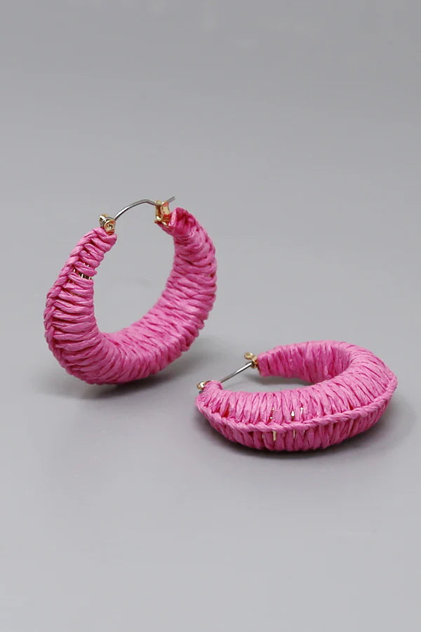 Raffia Wrapped Hoop Earrings - Fuchsia