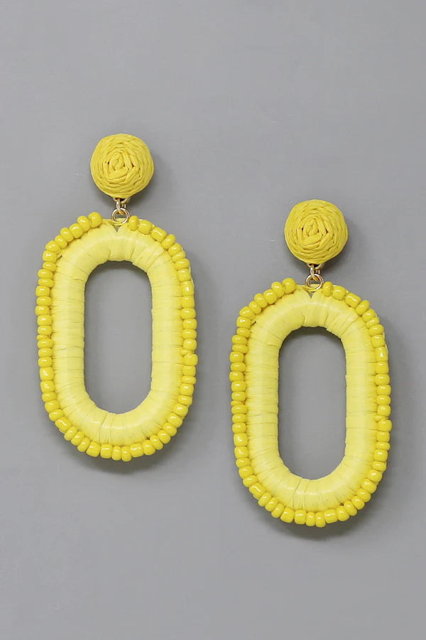 Seed Bead Trimmed Raffia Oval Hoop Earrings - Yellow
