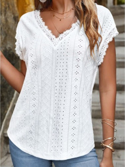 Explore More Collection - Eyelet V-Neck Cap Sleeve Blouse