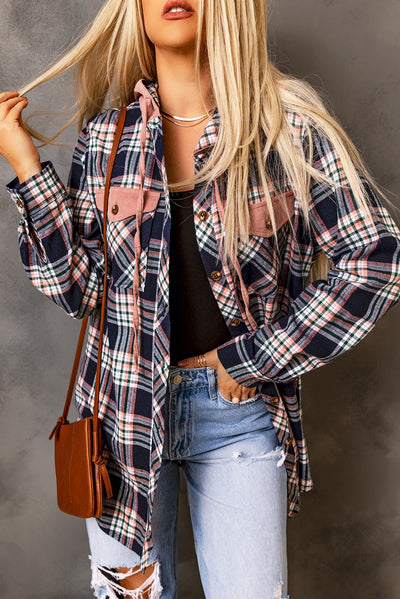 Explore More Collection - Plaid Drawstring Hooded Jacket with Pockets