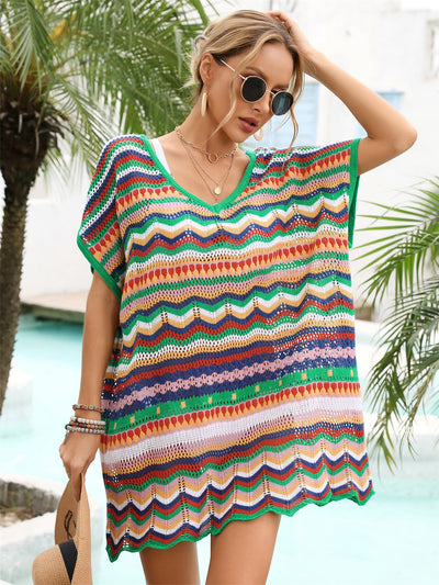 Explore More Collection - Rainbow Stripe Scalloped V-Neck Cover-Up Dress