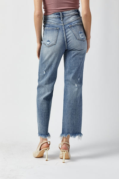 Explore More Collection - RISEN High Waist Raw Hem Straight Jeans