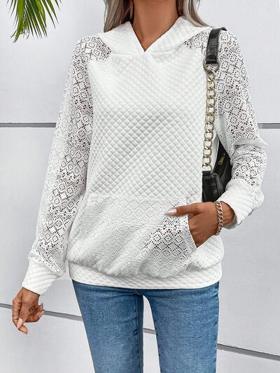 Explore More Collection - Lace Openwork Kangaroo Pocket Hoodie