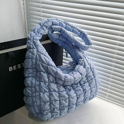 Explore More Collection - Quilted Pleated Plaid Shoulder Bag with Zipper