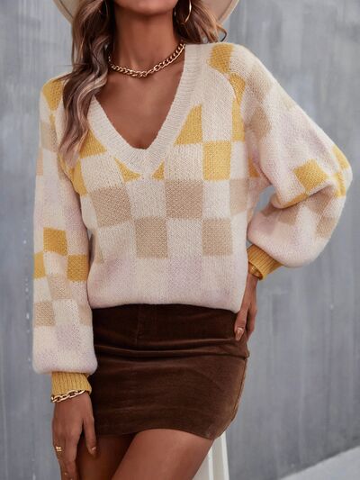 Explore More Collection - Checkered V-Neck Lantern Sleeve Sweater