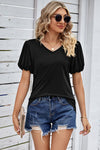 Explore More Collection - Heathered V-Neck Balloon Sleeve T-Shirt