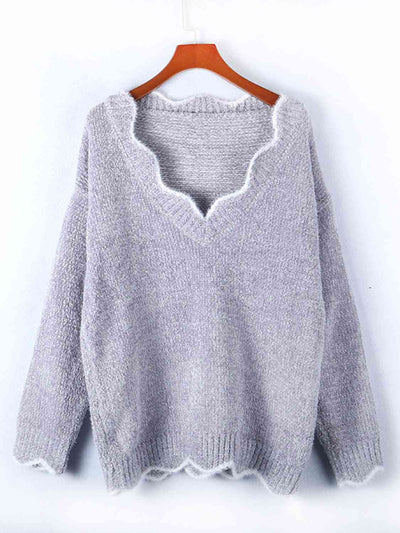 Explore More Collection - Notched Dropped Shoulder Long Sleeve Sweater