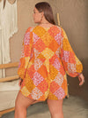 Explore More Collection - Plus Size Floral Tie Neck Balloon Sleeve Romper