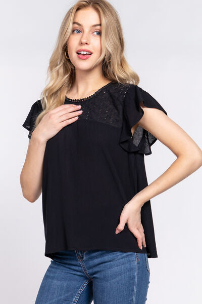 Explore More Collection - ACTIVE BASIC Ruffle Short Sleeve Crochet Blouse