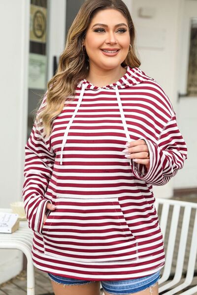 Explore More Collection - Plus Size Drawstring Striped Dropped Shoulder Hoodie