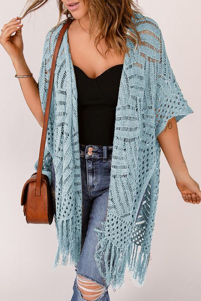 Explore More Collection - Openwork Open Front Cardigan with Fringes