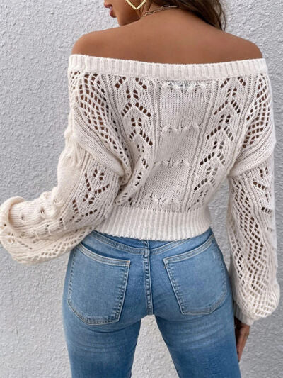 Explore More Collection - Openwork Off-Shoulder Long Sleeve Sweater