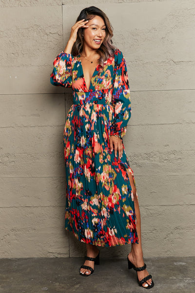 Explore More Collection - Printed Deep V Slit Pleated Dress