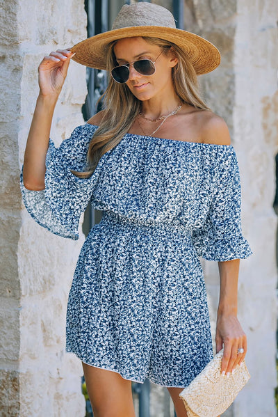 Explore More Collection - Printed Flounce Sleeve Off-Shoulder Romper