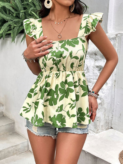Explore More Collection - Tied Cutout Square Neck Butterfly Sleeve Babydoll Blouse