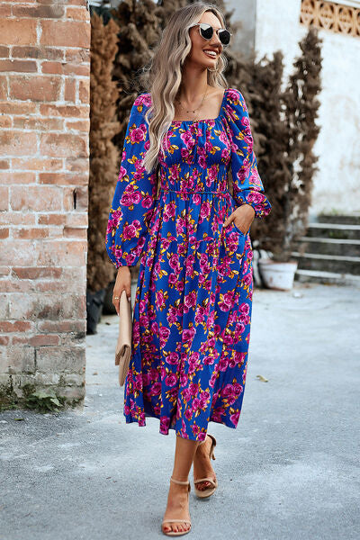 Explore More Collection - Printed Balloon Sleeve Midi Dress