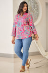 Explore More Collection - Plus Size Printed Notched Long Sleeve Blouse