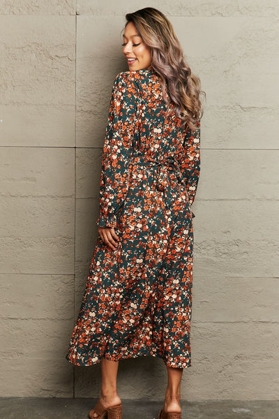 Explore More Collection - Printed Surplice Neck Long Sleeve Dress
