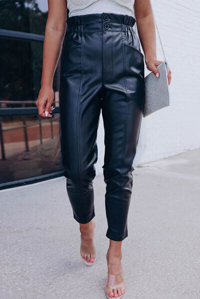 Explore More Collection - High Waist PU Leather Cropped Pants