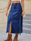 Explore More Collection - Slit Pocketed High Waist Denim Skirt