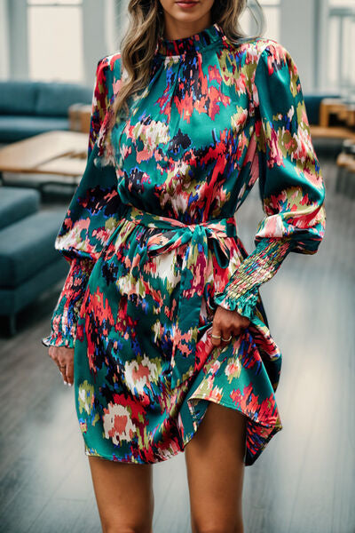 Explore More Collection - Printed Tied Lantern Sleeve Mini Dress