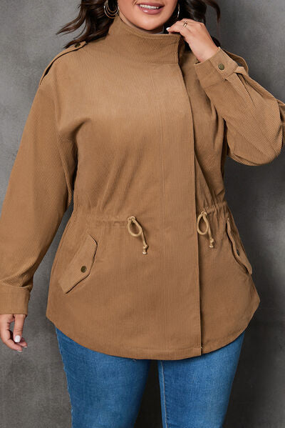 Explore More Collection - Plus Size Zipper and Snap Down Drawstring Jacket