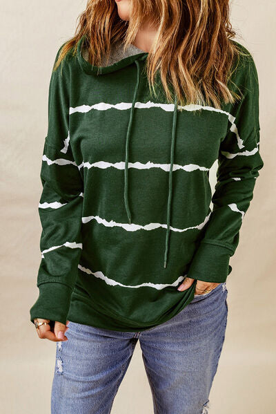 Explore More Collection - Drawstring Striped Dropped Shoulder Hoodie