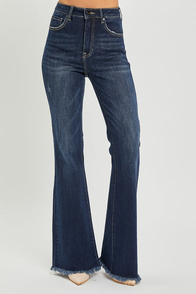 Explore More Collection - RISEN High Waist Raw Hem Flare Jeans