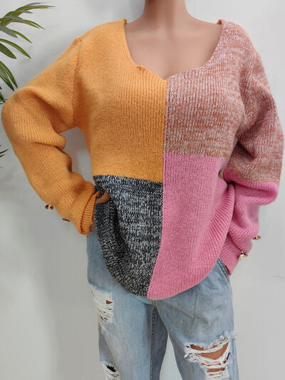 Explore More Collection - Color Block Decorative Button Long Sleeve Sweater