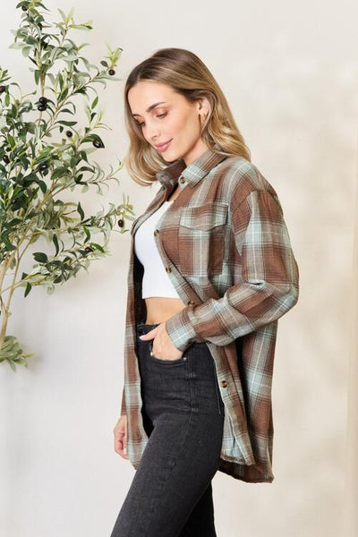 Explore More Collection - Double Take Plaid Dropped Shoulder Shirt