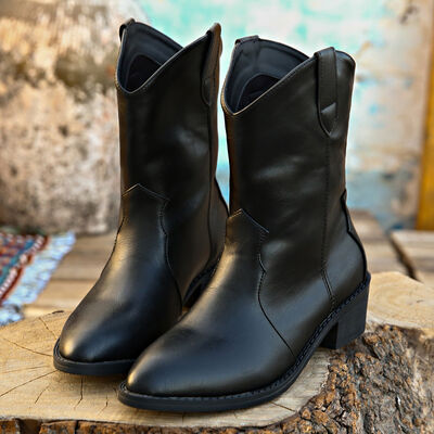 Explore More Collection - PU Leather Block Heel Boots