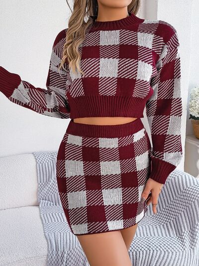 Explore More Collection - Plaid Round Neck Top and Skirt Sweater Set