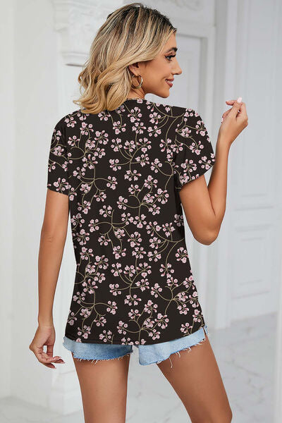 Explore More Collection - Floral V-Neck Short Sleeve T-Shirt