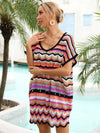 Explore More Collection - Rainbow Stripe Scalloped V-Neck Cover-Up Dress