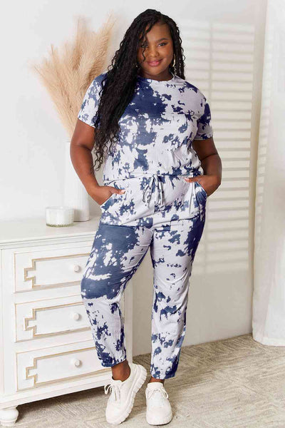 Explore More Collection - Double Take Tie-Dye Tee and Drawstring Waist Joggers Lounge Set