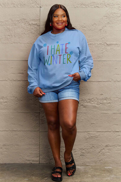 Explore More Collection - Simply Love Full Size I HATE WINTER Dropped Shoulder Sweatshirt