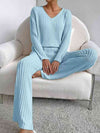 Explore More Collection - Ribbed V-Neck Long Sleeve Top and Pants Set